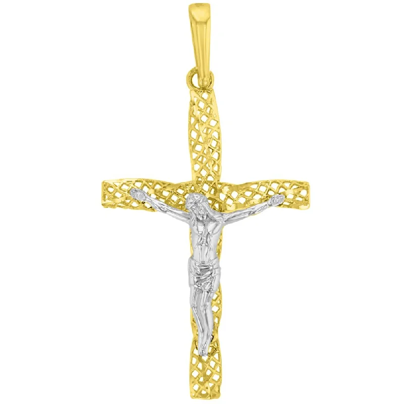 women pearl necklaces -14K Two-Tone Gold Textured Spiral Tube Cross Crucifix Pendant