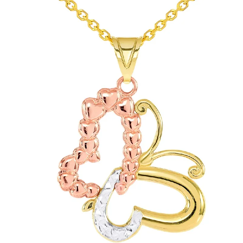 women star-shaped necklaces -14k Yellow Gold and Rose Gold Dangling Sideways Tri-Tone Open Heart Butterfly Pendant Necklace