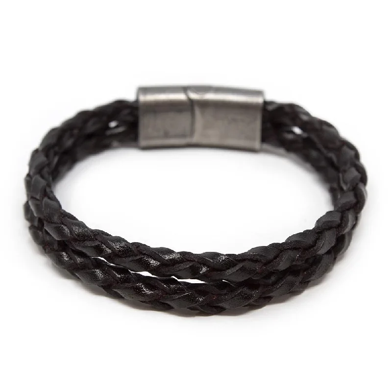 women minimalist bangles -Two Row Braided Leather Bracelet W Puzzle Clasp Dark Bn