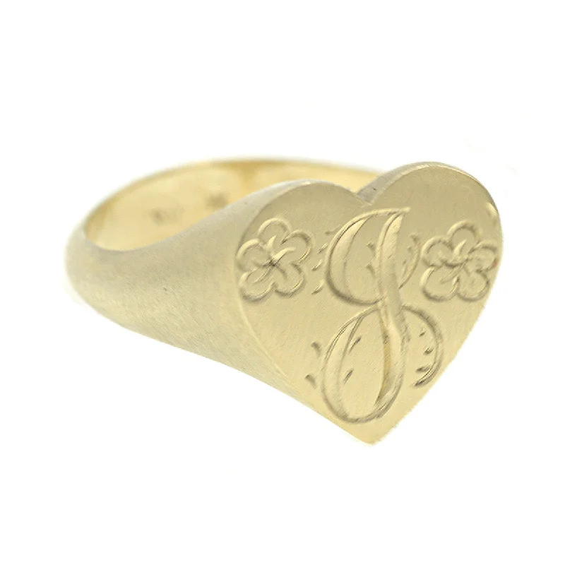 women diamond solitaire rings -Custom Floral Heart Engraved Signet Ring