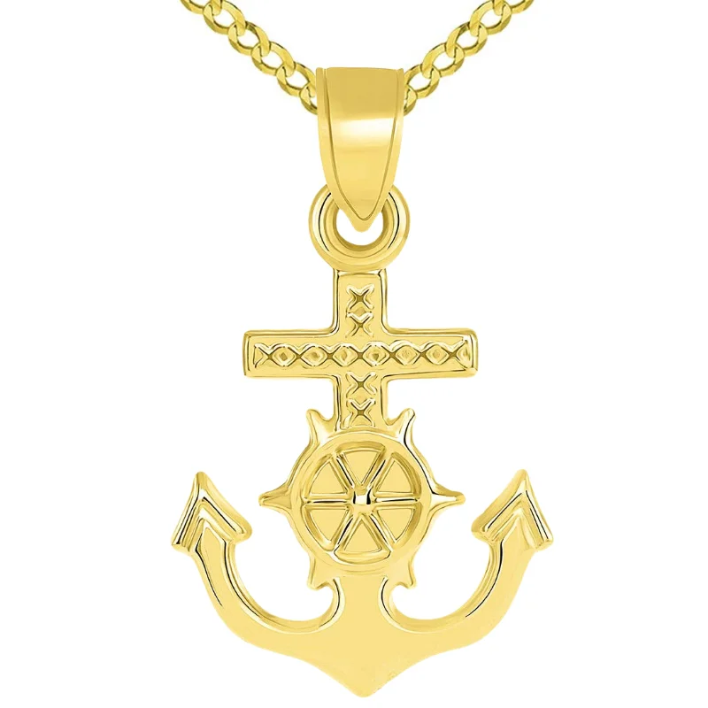 women initial necklaces -14k Gold Religious Nautical 3D Mariner's Cross Pendant Cuban Necklace - Yellow Gold