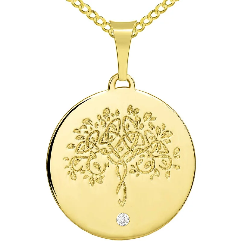 women large pendant necklaces -14k Solid Gold Hand Engraved Tree of Life CZ Round Medallion Pendant with Cuban Chain Necklace - Yellow Gold