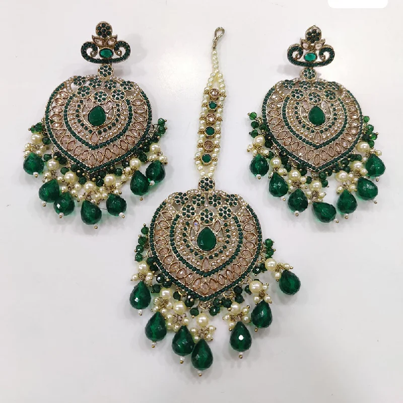 women unique gemstone earrings -JCM Gold Plated Crystal Stone And Beads Dangler Earrings With Maangtikka (Assorted Color 1 Piece Only)