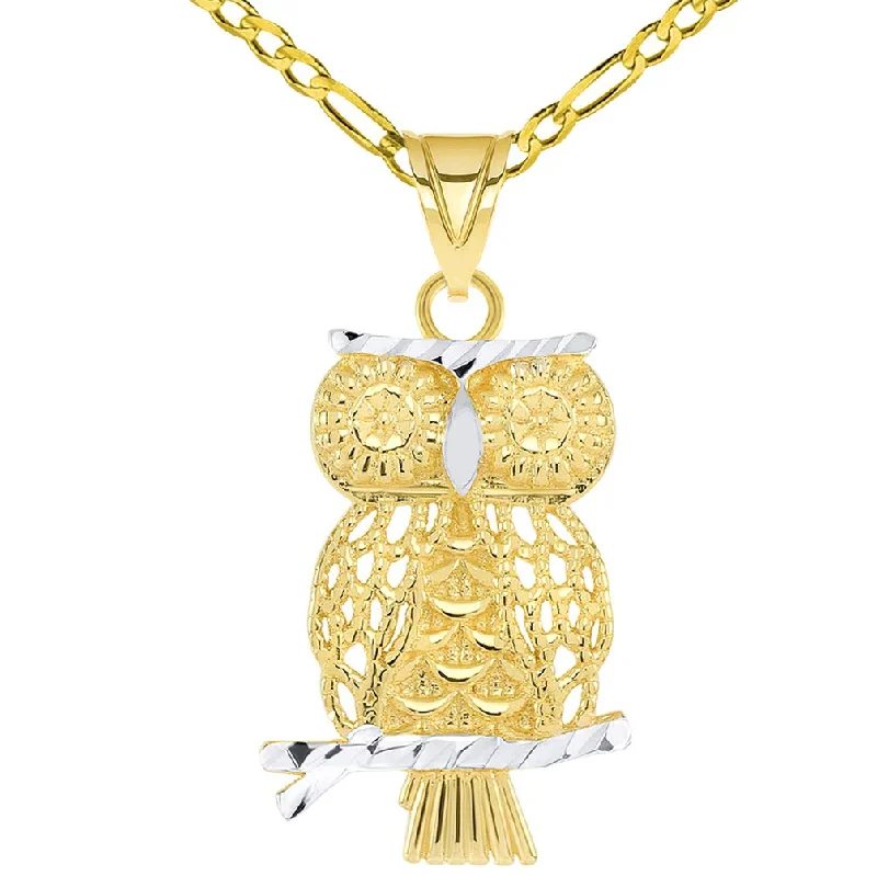 women inspirational necklaces -14K Yellow Gold Textured Milgrain Edged Two-Tone Owl Pendant Figaro Chain Necklace