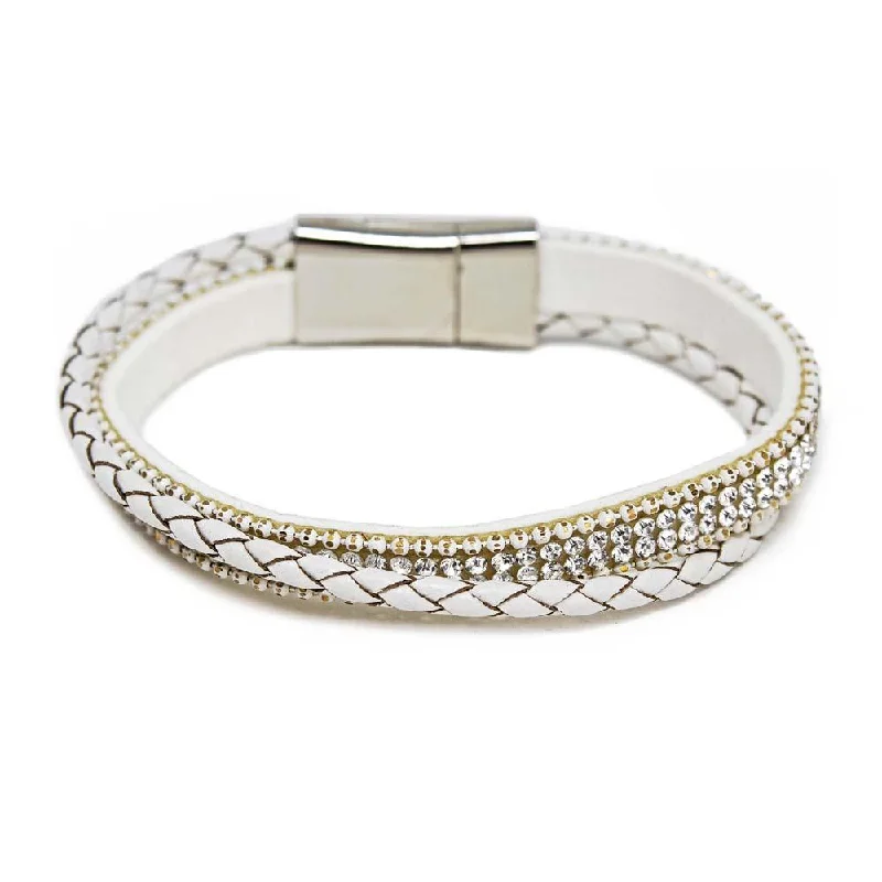 women bangles sets -Two Row White Leather Bracelet with Crystal