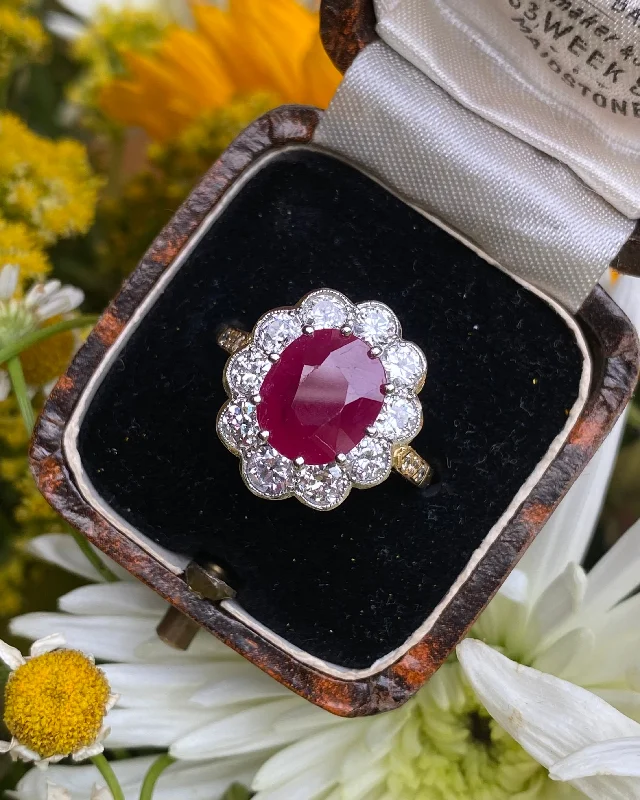 women romantic rings -Victorian Style Ruby and Diamond Cluster 18ct Yellow Gold Ring 1.40ct + 3.50ct