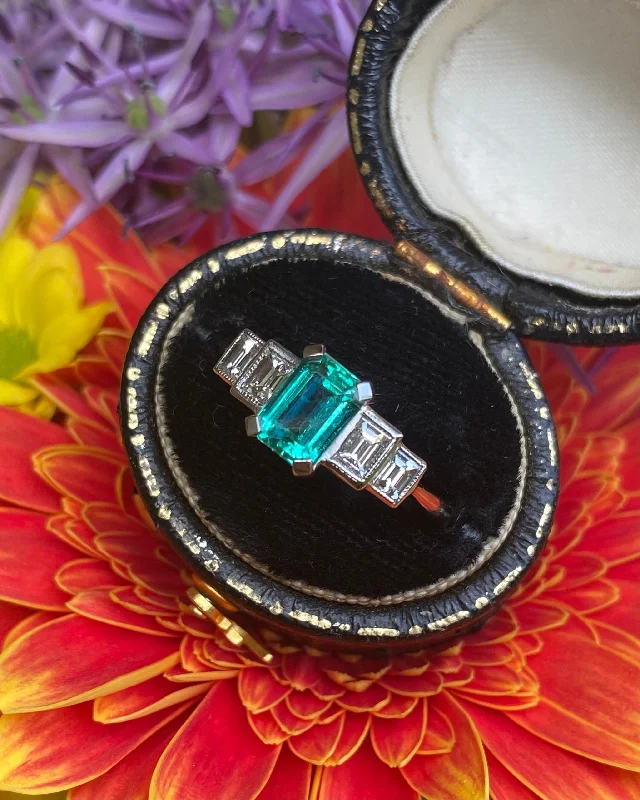 women unique rings -Art Deco Emerald and Diamond Ring Platinum 0.45ct + 1.20ct