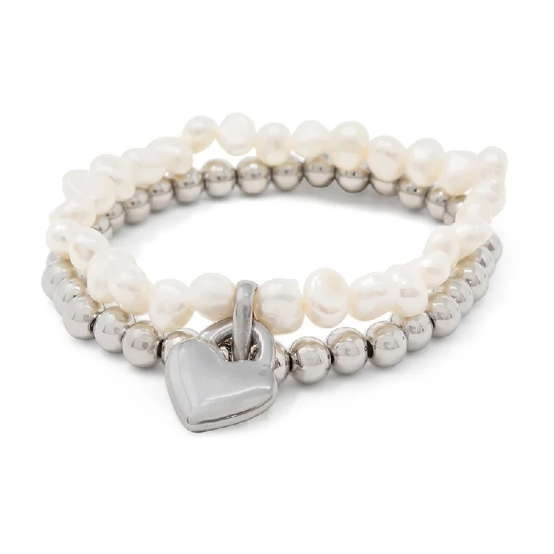 women oversized bangles -Stainless Steel Pearl Stretch Bracelet with Heart Charm