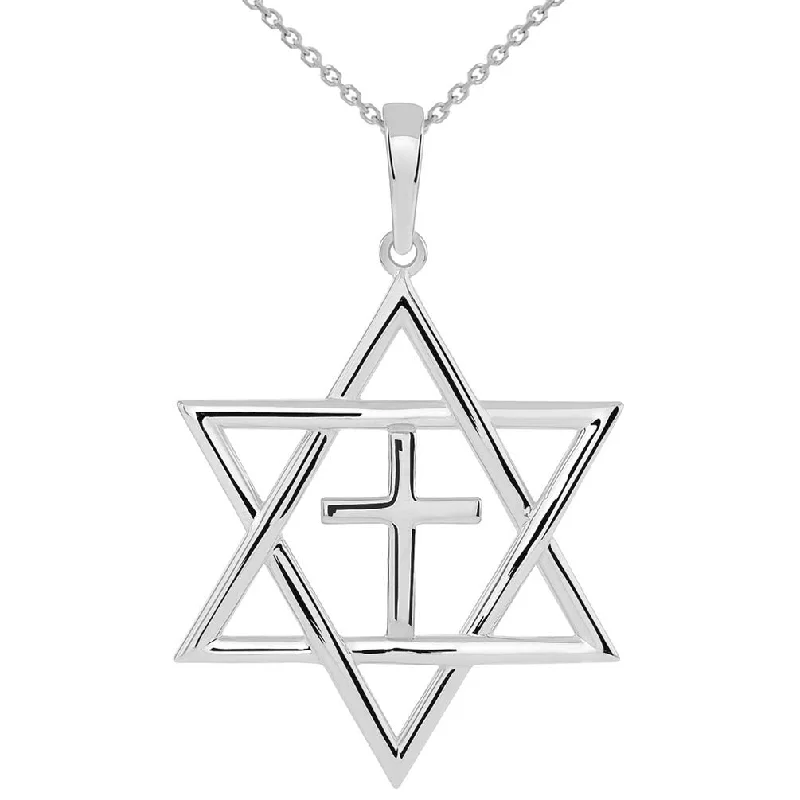 women handmade necklaces -14k White Gold Jewish Star of David with Religious Cross Judeo Christian Pendant Necklace