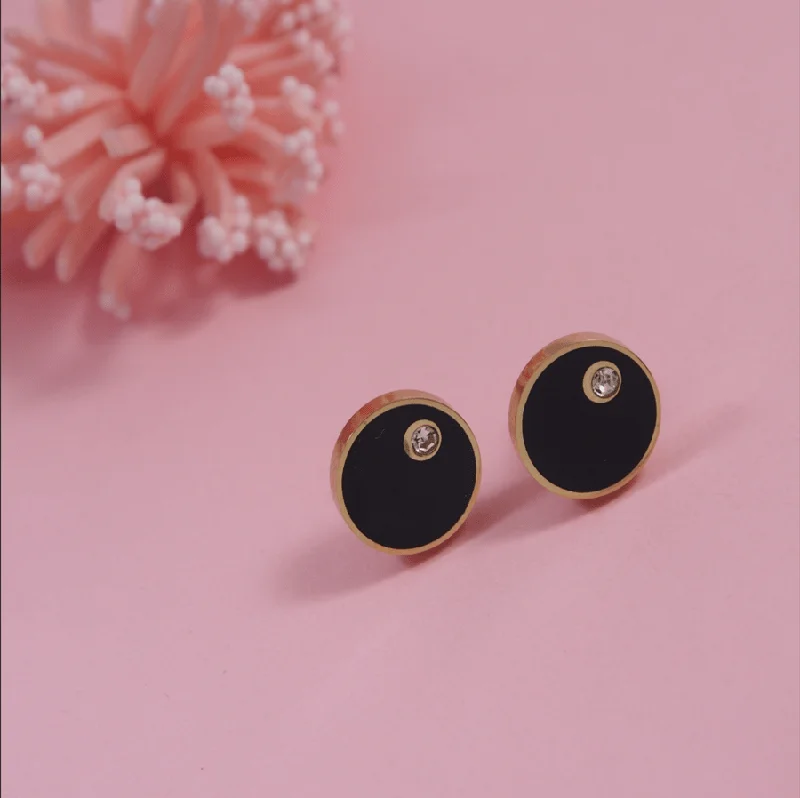 women hoop and stud earrings -Tarohi JewelsStainless Steel Rosegold Plated Black Disc Stud Earring- STNER 3910