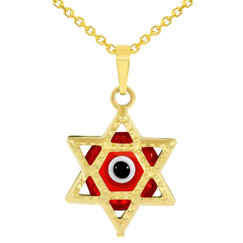 women layered necklaces -14k Gold Small Red Evil Eye Star of David Charm Pendant Necklace - Yellow Gold