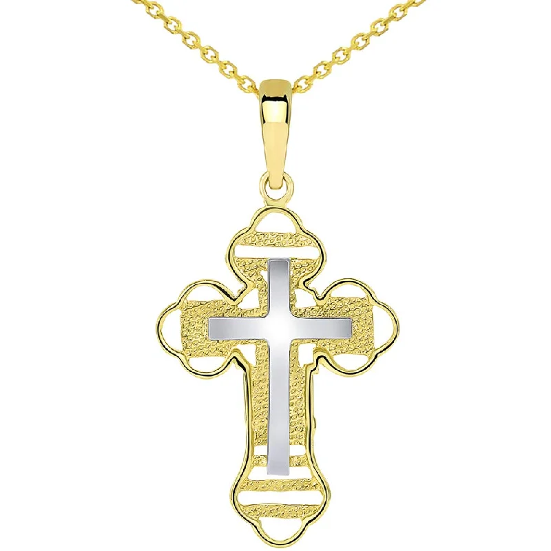 women engraved charm necklaces -14k Two Tone Gold Outlined Orthodox Double Cross Pendant Necklace