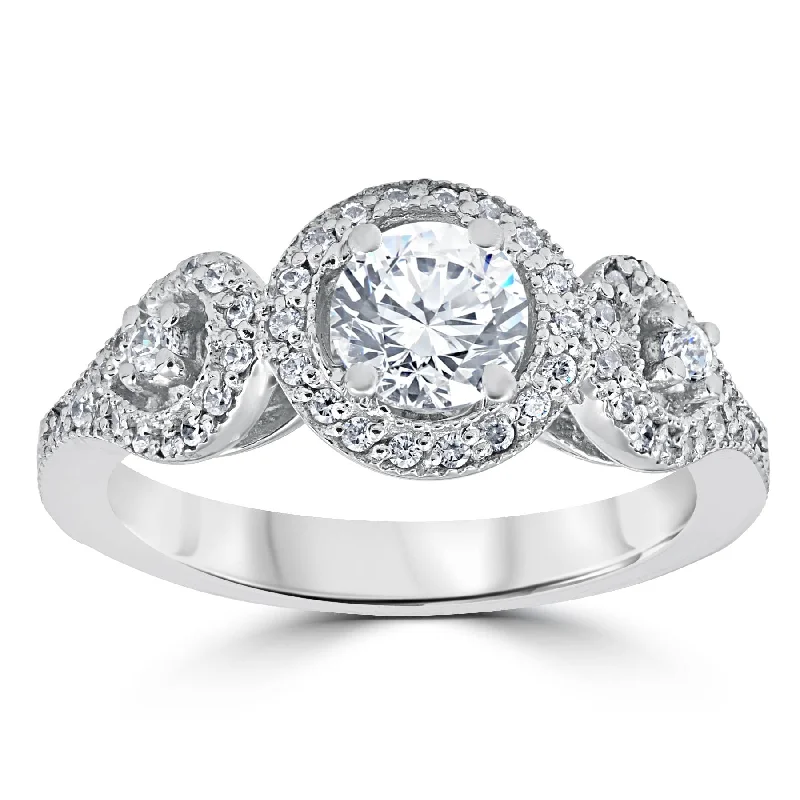 cushion cut engagement rings -1ct Diamond Engagement Ring Three Stone Pave Halo Ring 14K White Gold