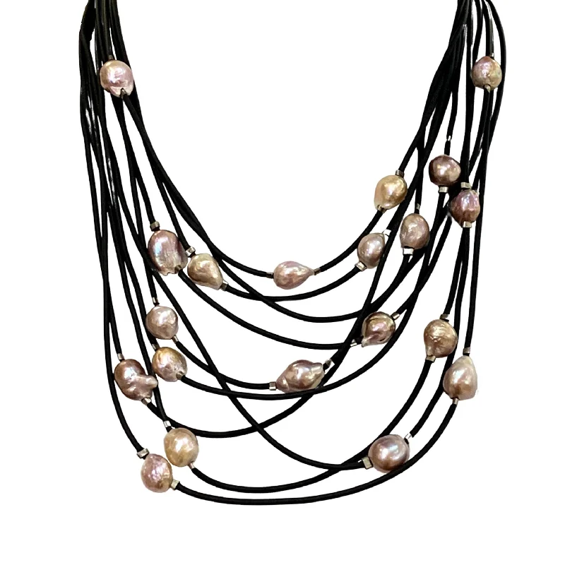 women pearl drop necklaces -Sterling Silver and Rubber Edison Pearl Necklace - "Santorini Dream"