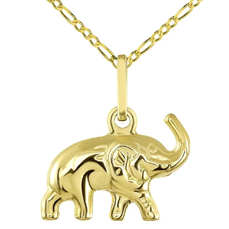 women cross necklaces -14K Yellow Gold Good Luck Elephant Charm Feng Shui Symbol Pendant with Figaro Chain Necklace