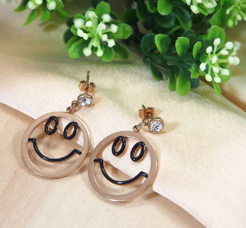 women ear thread earrings -Tarohi JewelsStainless Steel Rosegold Plated Smiley Face Earring- STNER 2703