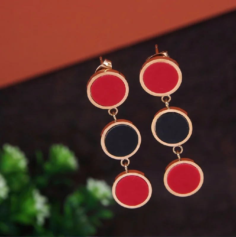 women bold earrings -Tarohi JewelsStainless Steel Rosegold Plated Three Disc Red & Black Coloured Earring-STNER 2769