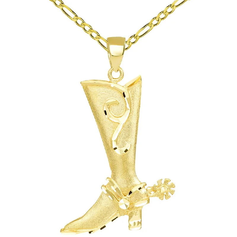 women rope necklaces -Textured 14k Gold Double Sided Cowboy Riding Boot with Spur Pendant Figaro Necklace - Yellow Gold