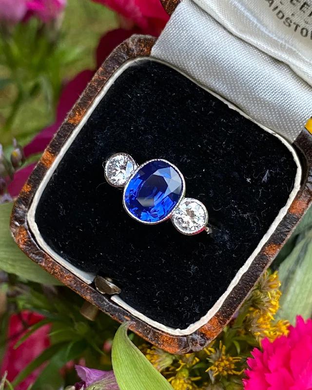 women statement rings -Sapphire and Diamond Three Stone Platinum Ring 0.55ct + 2.10ct