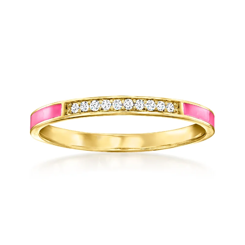 wedding engagement rings -RS Pure by Ross-Simons Pink Enamel and Diamond-Accented Ring in 14kt Yellow Gold