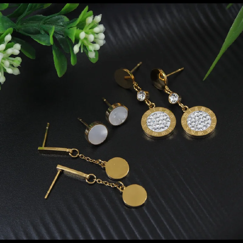 women fancy earrings -Tarohi Jewels Stainless Steel Gold Plated Three Pair Dangle and Stud Earring- STNER 4123