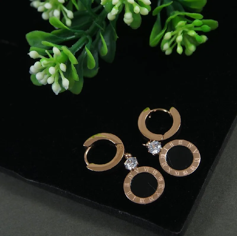 women geometric earrings -Tarohi Jewels Stainless Steel Rosegold Plated Black Disc Round Shaped Hoops Earring-STNER 2869