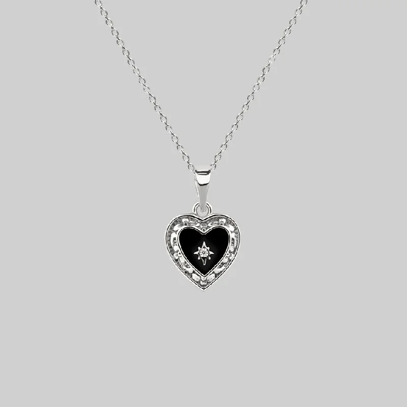 women fashion necklaces -SOLEMN. Black Enamel Heart Necklace - Silver