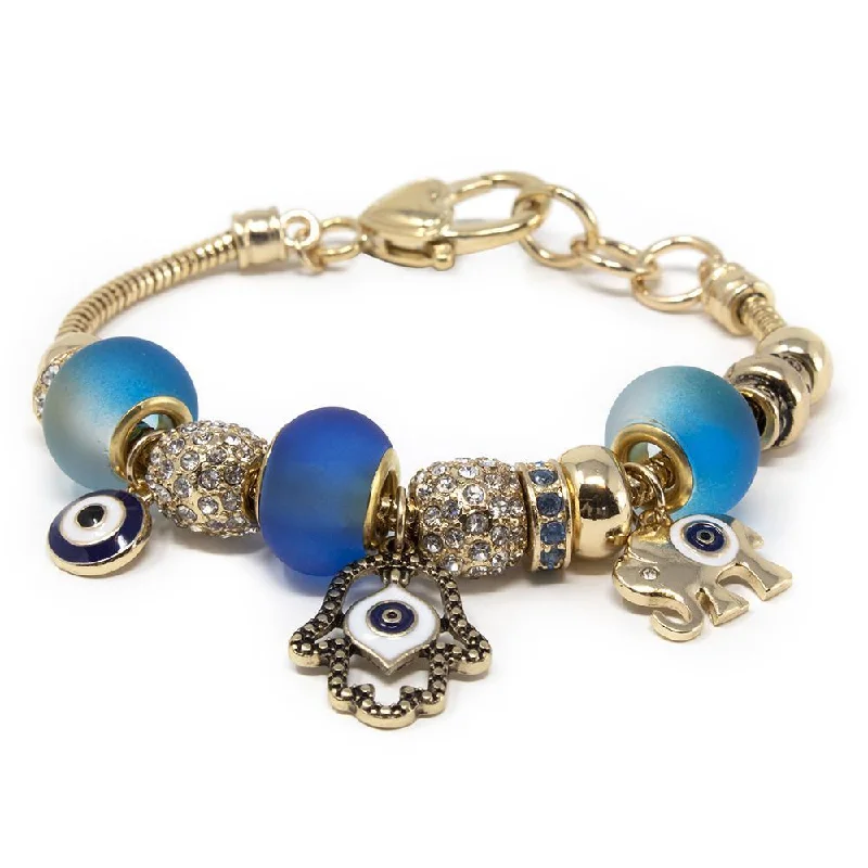 women handmade bracelets -Charm Bracelet Gold Tone Blue - Hamsa Hand