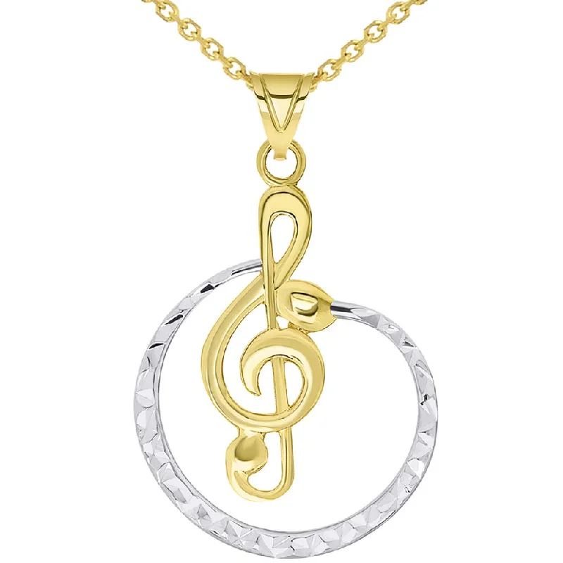 women vintage-style necklaces -14k Yellow Gold Textured Two Tone Circle G Clef Charm Musical Note Pendant Available with Rolo, Curb, or Figaro Chain