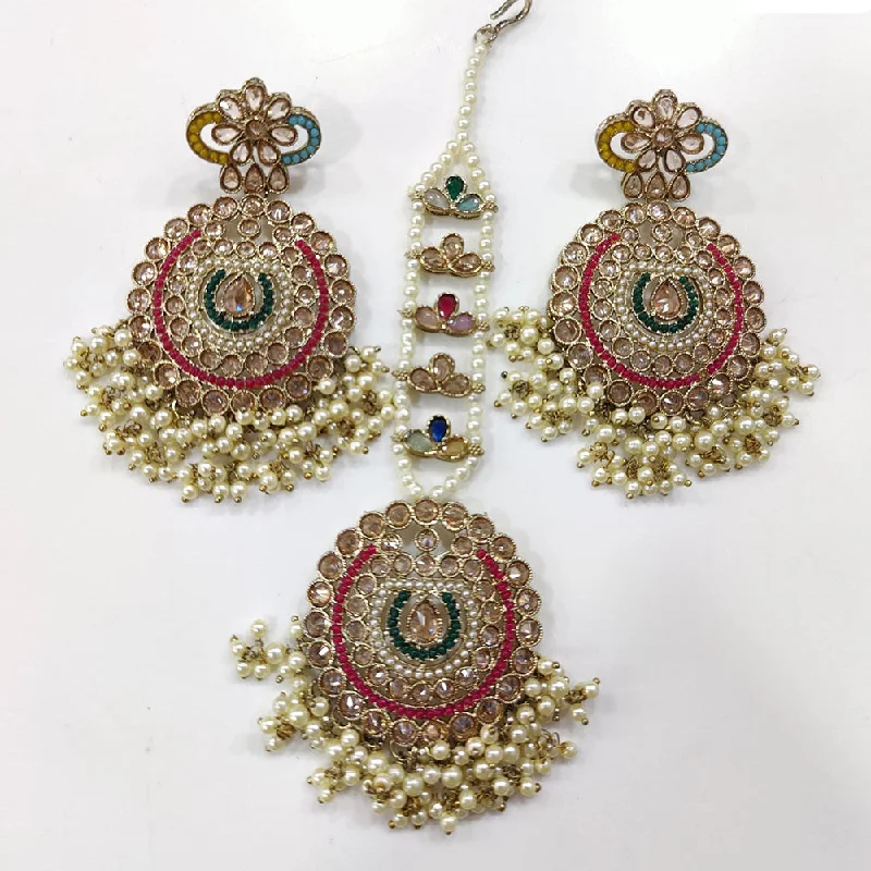 women fashion earrings -JCM Gold Plated Crystal Stone And Pearls Dangler Earrings With Maangtikka (Assorted Color 1 Piece Only)