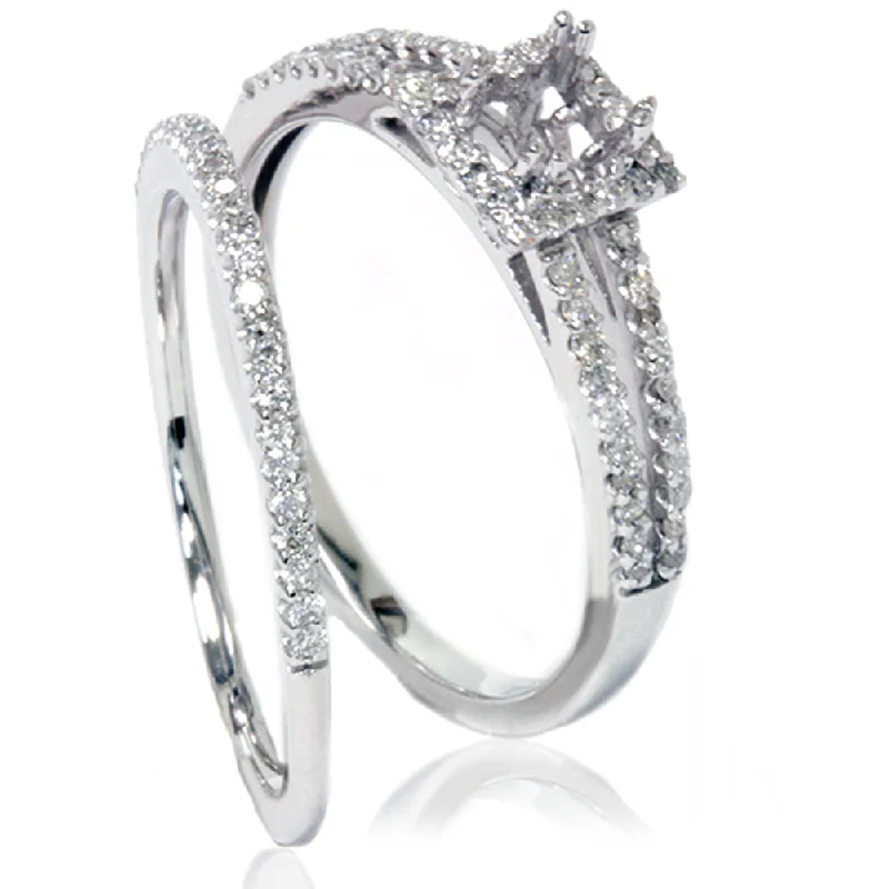 moissanite engagement rings -3/8CT Split Shank Princess Cut Halo Engagement Ring Set Setting 14K White Gold