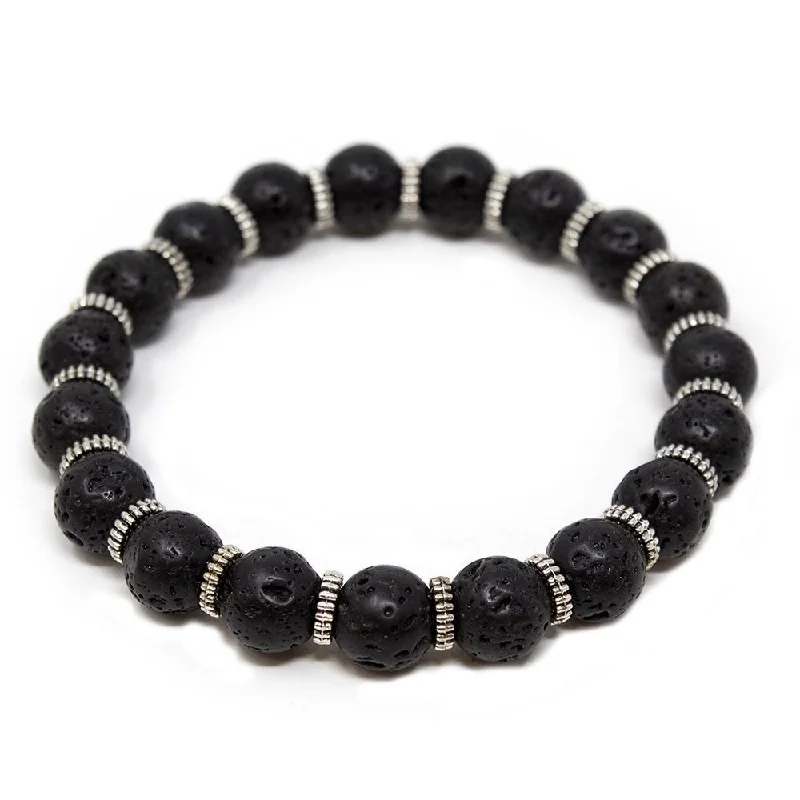 women rose gold bracelets -Steel Zinc Ring and Black Lava Beads Bracelet