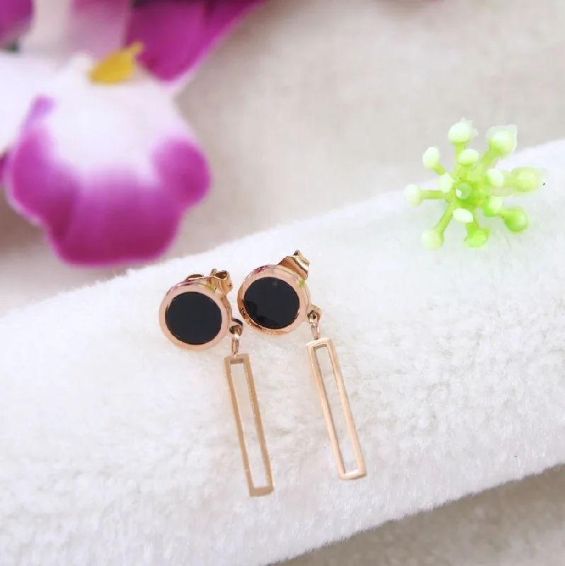 women silver hoop earrings -Tarohi JewelsStainless Steel Rosegold Plated Mini Black Disc Rectangle Hollow Bar Drop Earring- STNER 4028