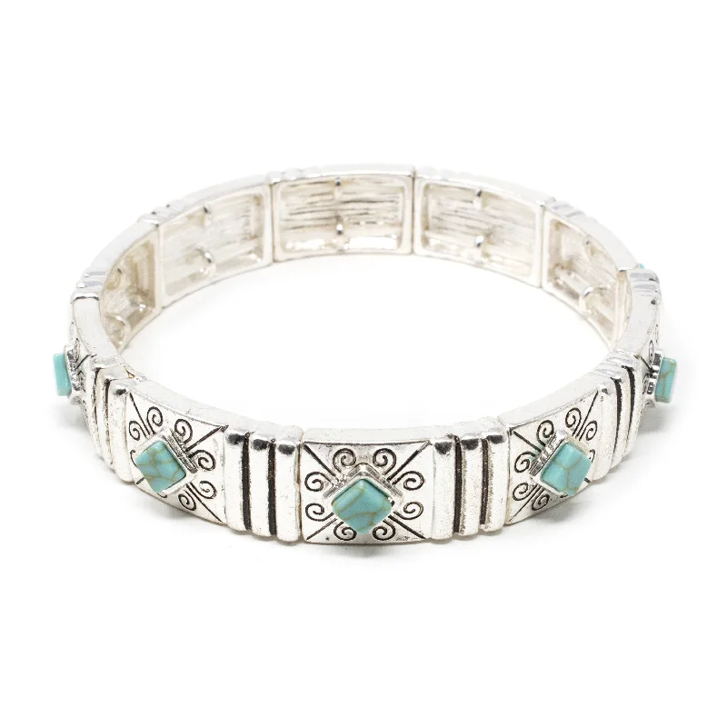 women leather bangles -Stretch Bracelet Silver Tone Turquoise Diamond