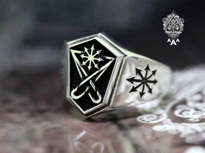 women classic rings -Sigil of Lucifer Chaos Star Ring | 925 Sterling Silver | Occult Black Flame Talisman