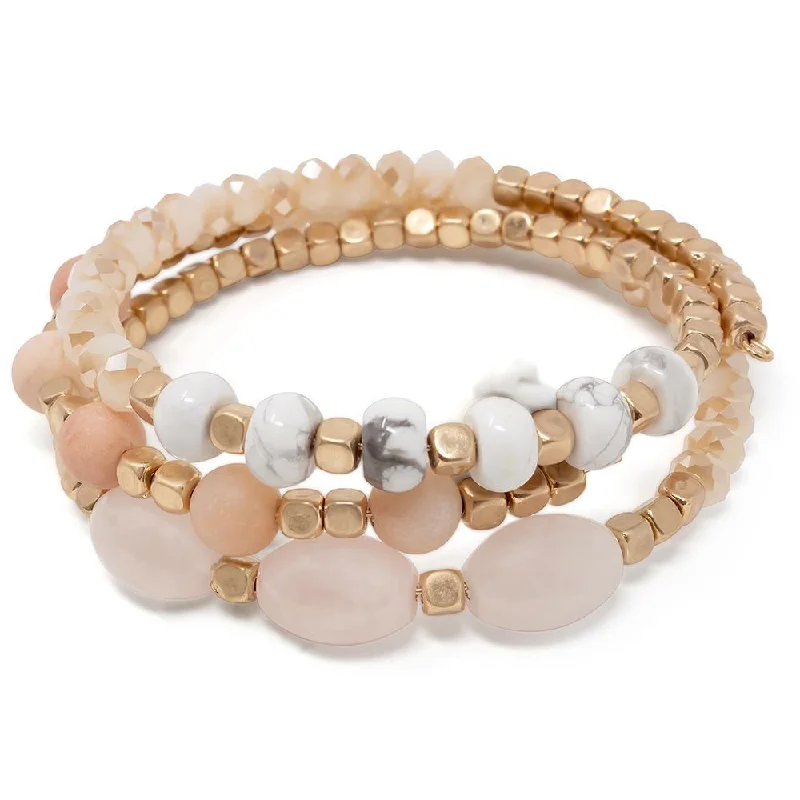 women minimalist bracelets -Peach Glass Bead Wrap Bracelet Oval Stone Gold Tone