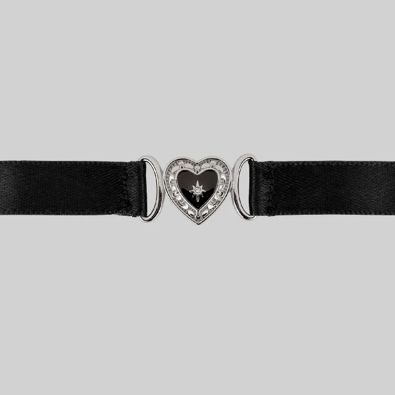 women two-tone necklaces -SOLEMN. Black Enamel Heart Satin Choker - Silver