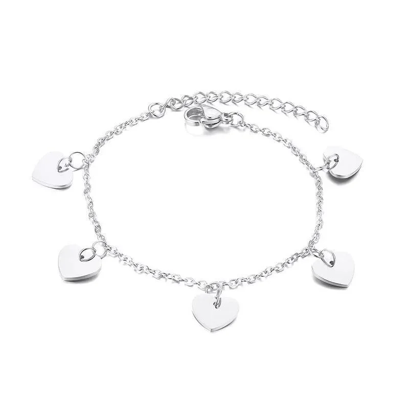 women thin bangles -Stainless Steel Bracelet with Five Heart Charms