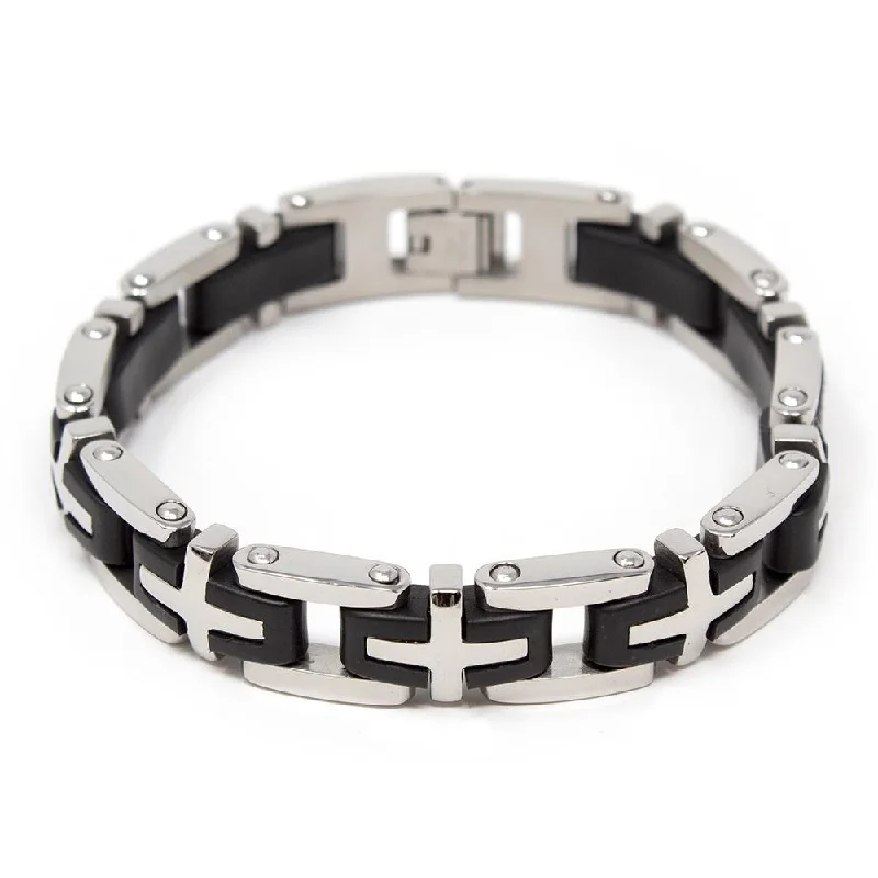 women leather cuff bracelets -Stainless Steel Bracelet with Cross Links and Rubber Inlaid