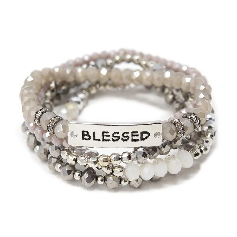 women vintage bracelets -Set of Five Black Stretch Bracelets and a Rhodium Plated "Blessed"