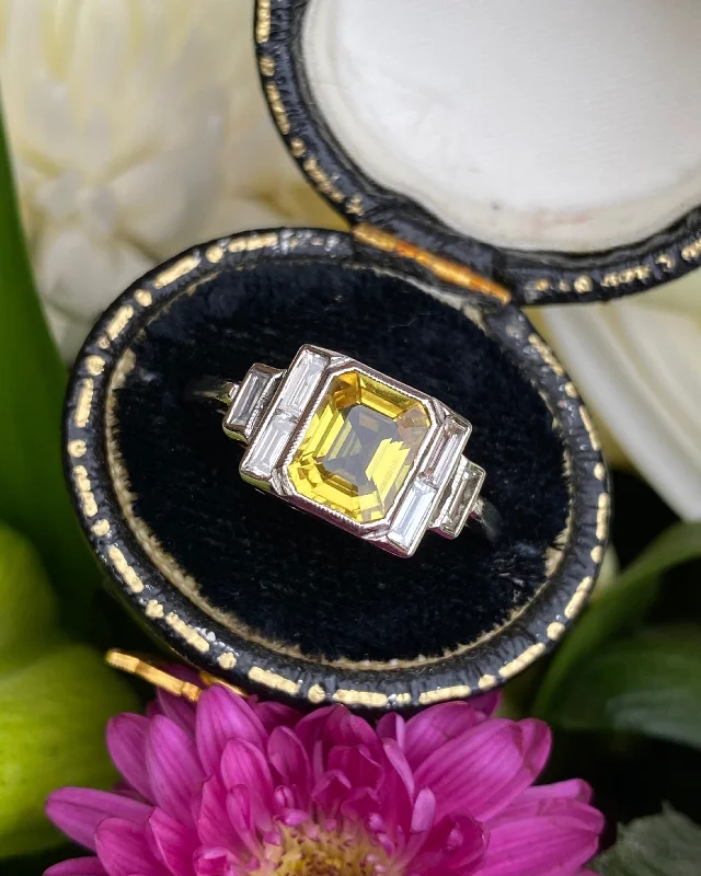 women unique rings -Art Deco Yellow Sapphire and Diamond Platinum Ring 0.40ct + 1.50ct