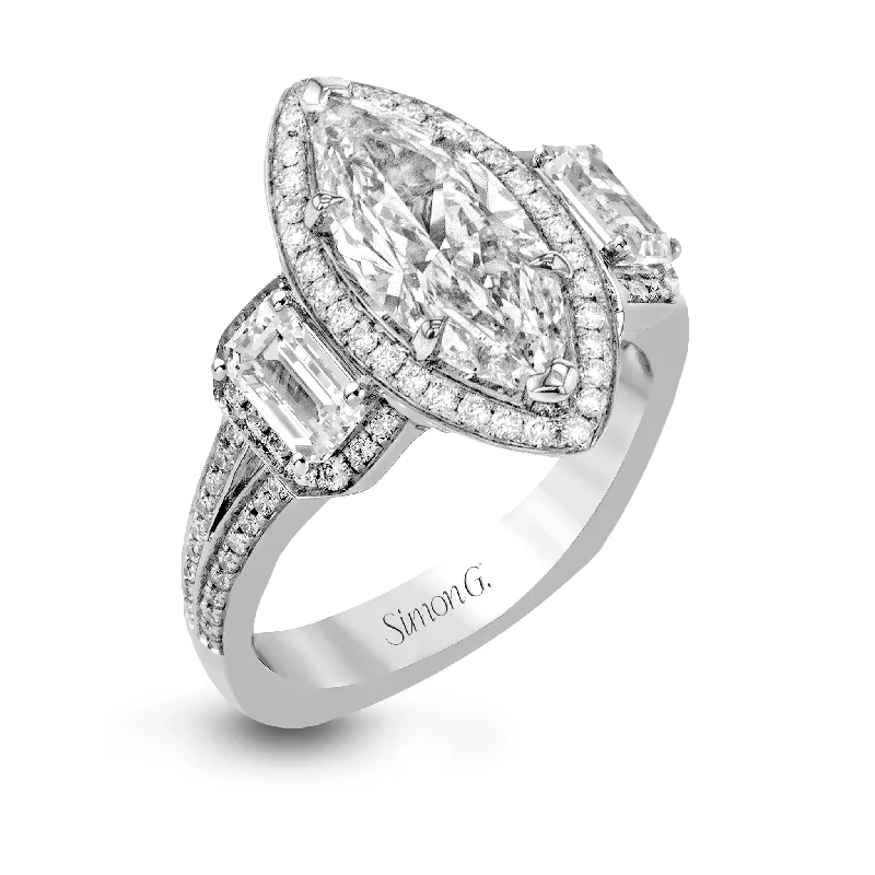 women engagement rings -Marquise-Cut Three-Stone Halo Engagement Ring In 18k Gold With Diamonds