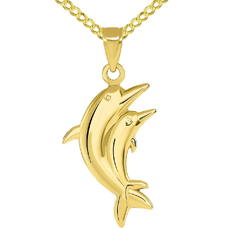 women heart pendant necklaces -14k Gold 3D Two Dolphins Jumping Together Vertical Pendant with Cuban Necklace - Yellow Gold