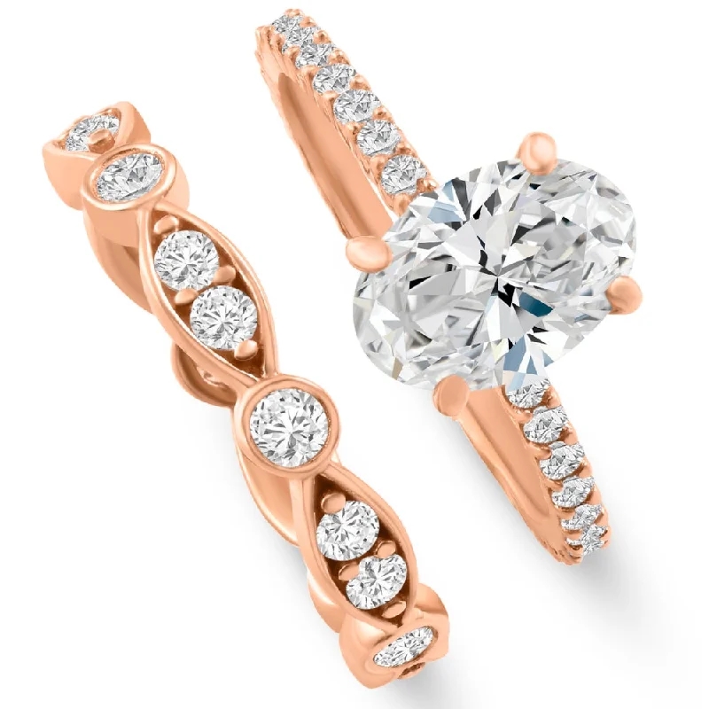 multi-stone engagement rings -2 3/4Ct Oval Diamond Engagement Wedding Ring Set Rose Gold Lab Grown