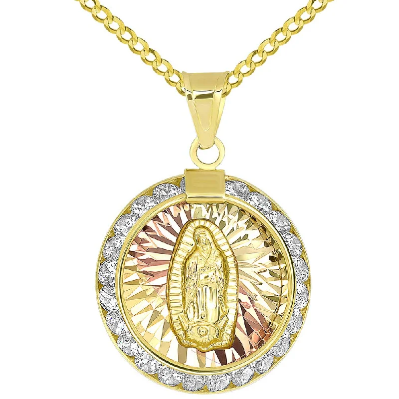 women rope necklaces -14K Yellow Gold Tri-Tone Round Our Lady Of Guadalupe Elegant CZ Medallion Pendant Cuban Chain Necklace