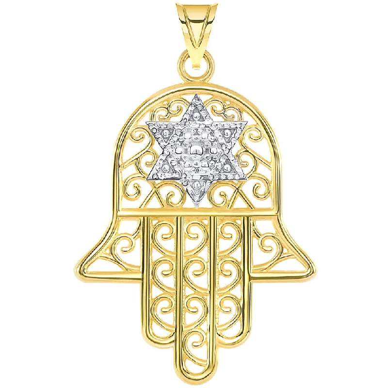 women pearl pendant necklaces -Solid 14k Yellow Gold Filigree-Style Hamsa Hand with Star of David Pendant