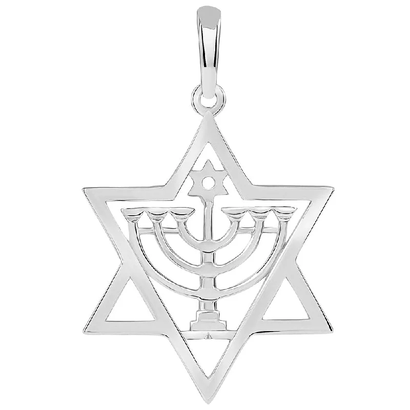 women wedding day necklaces -Solid 14k White Gold Jewish Star of David with Menorah Pendant