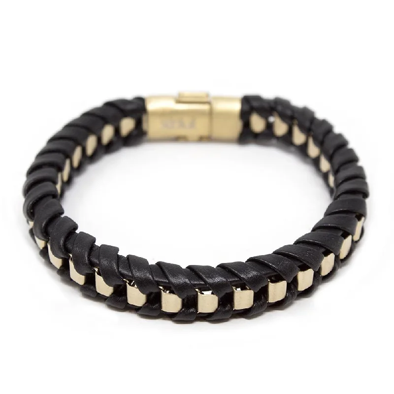 women luxury bangles -Stainless Steel Gold Ion Plated Black Leather Bracelet