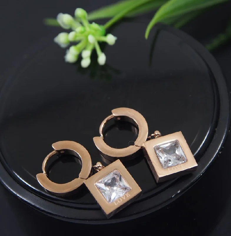 women double hoop earrings -Tarohi JewelsStainless Steel Rosegold Plated Square Shaped Hoops Earring- STNER 4052