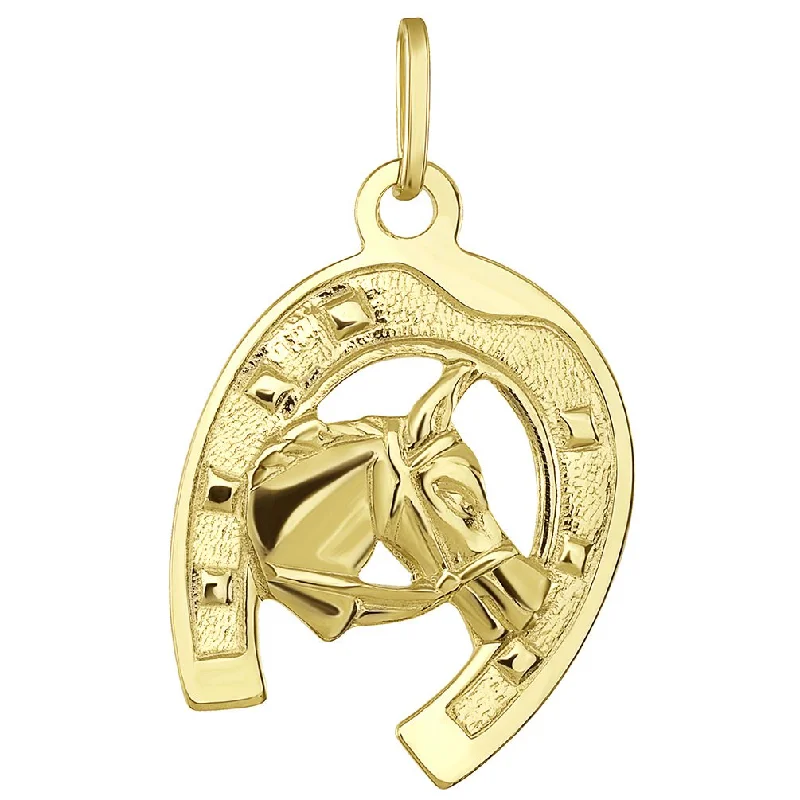 women designer gold necklaces -Solid 14K Yellow Gold Good Luck Horseshoe with Horse Head Pendant